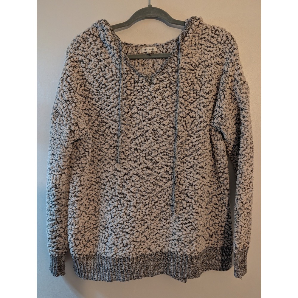 Miracle USA Black White Popcorn Knit Hoodie Sweater Womens SM Relaxed‎ Pullover